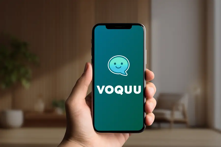 VOQUU logo on smartphone screen – AAC communication app for nonverbal children